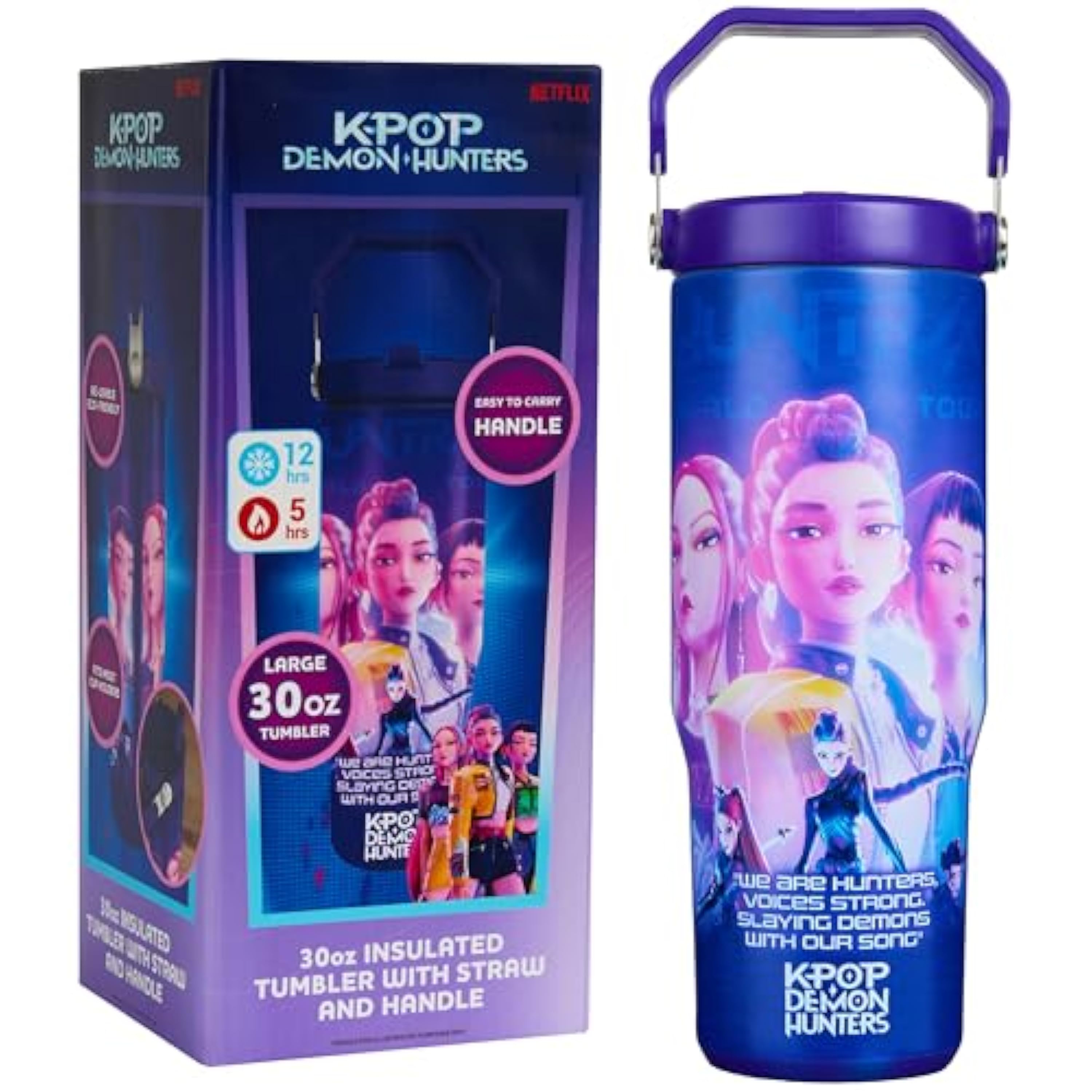 KPop Demon Hunters Vaso Termico Pajita y Asa 850ml, Taza Acero Inoxidable Reutilizable para Frío y Calor, Rumi Zoey Mira, Regalos para Fans