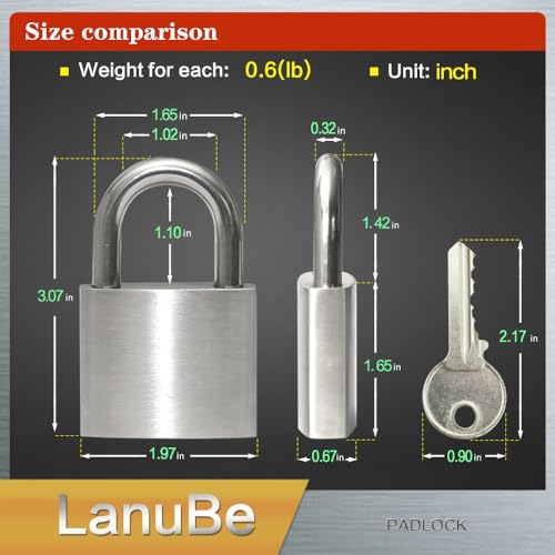 Image of LanuBe 304 Stainless Steel Keyed Alike Padlocks for Outdoor use, Pin Tumbler Padlock, 2 inch Wide Body, Stainless Steel Body Normal Shackle, Pack of 2
