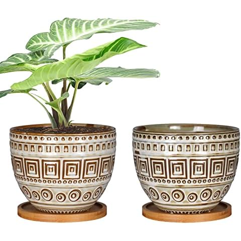 G EPGardening 6 Inch Ceramic Succulent Planter Pot with Drainage Hole and Saucer for Plants Indoor Round Orchid Flower Plant Pot Set of 2 (Beige) Cover