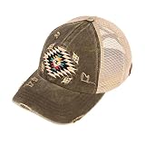 C.C Ponycap Messy High Bun Ponytail Adjustable Mesh Trucker Baseball Cap Hat, Aztec Dark Olive