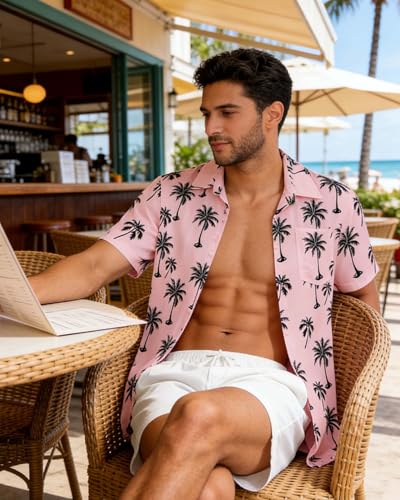 Image of Men Hawaiian Shirt Short Sleeve Summer Beach Button Down Shirts with Pocket