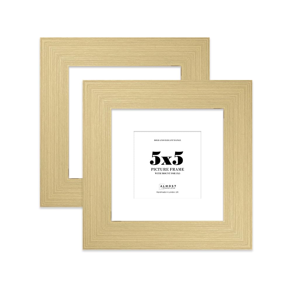5x5" Gold Square Frame With Mount for 3x3" Pictures 28mm Edge Frame Display with Wall Hooks and Kickstand, 2 Pack
