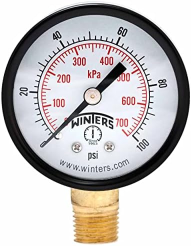 Winters PEM Series Steel Dual Scale Economical All Purpose Pressure Gauge with Brass Internals, 0-100 psi/kpa, 2" Dial Display, +/-3-2-3% Accuracy, 1/4" NPT Bottom Mount