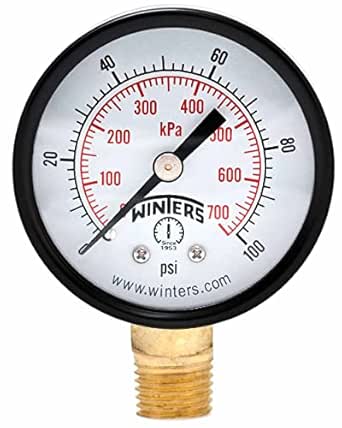 Winters PEM Series Steel Dual Scale Economical All Purpose Pressure Gauge with Brass Internals, 0-100 psi/kpa, 2" Dial Display, +/-3-2-3% Accuracy, 1/4" NPT Bottom Mount
