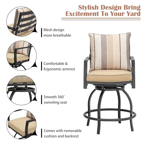 LOKATSE HOME 2 PCS Outdoor Patio Bar Height Swivel Chairs with Seat and Back Cushions, for Backyard, Garden, Bistro, Deck, Poolside, Beige