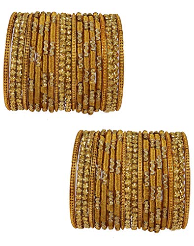 Image of NMII Golden Color Silk Thread & Glass Bangles Set For Girls & Women (Golden,2.8)