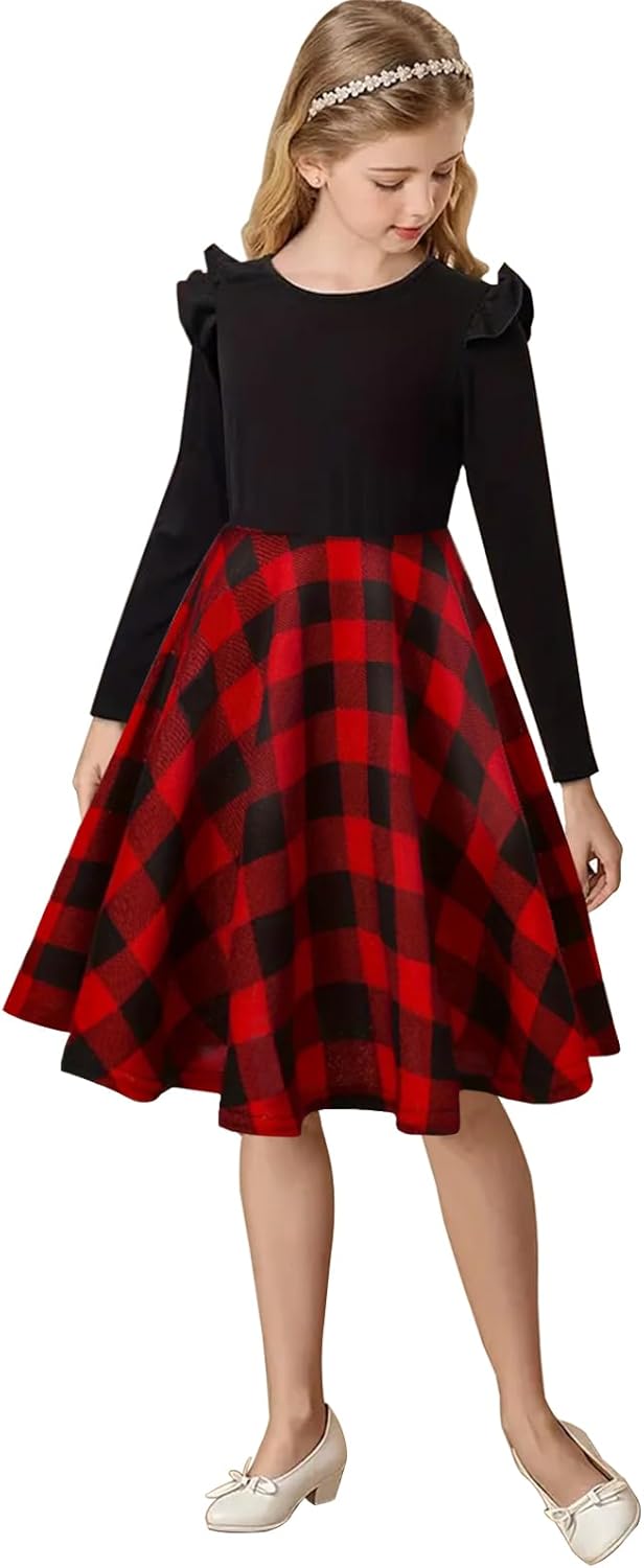 21KIDS Girls Buffalo Check Plaid Dress Kids Ruffle Long Sleeve Christmas Midi Dresses with Pockets for Girls 6-14 Years