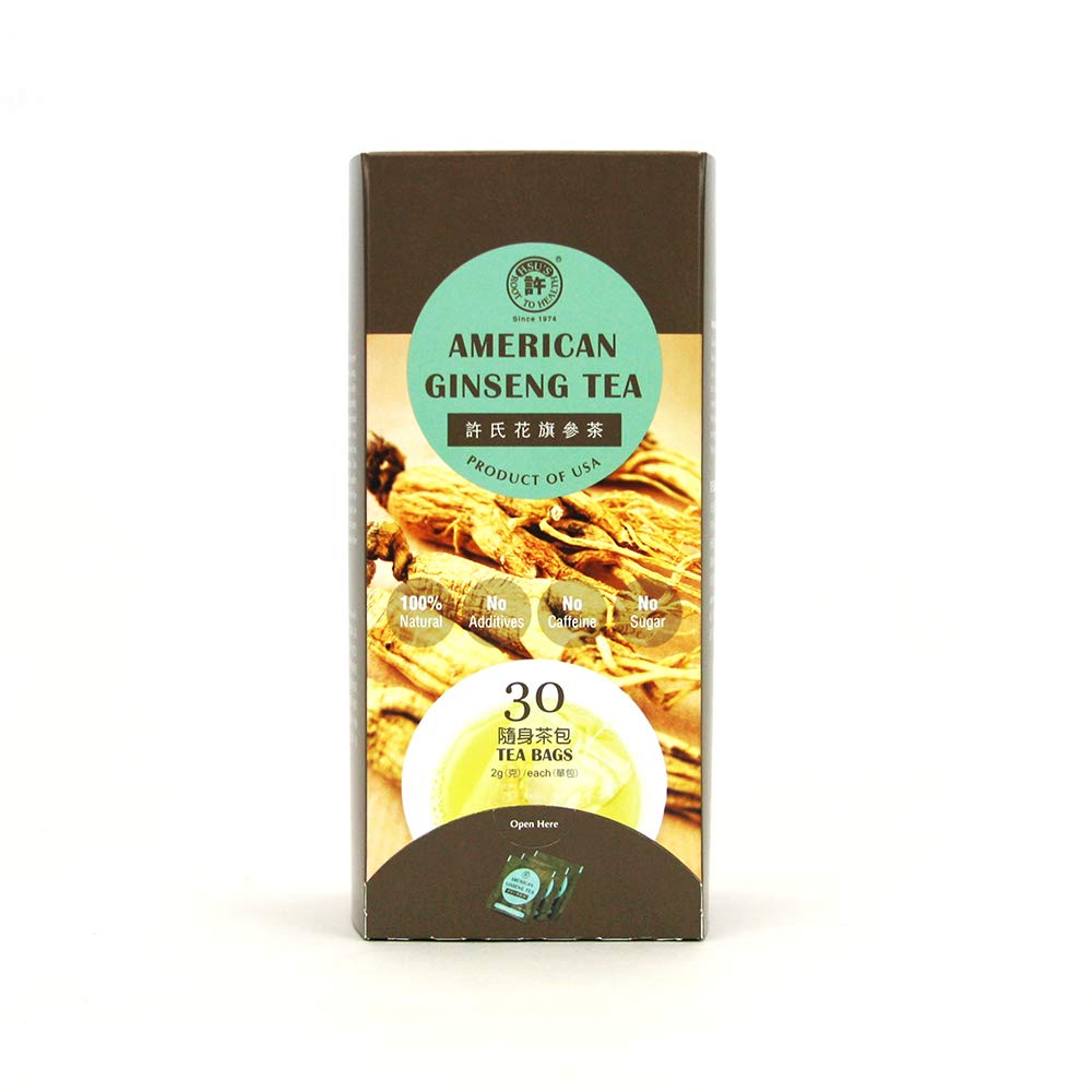 Hsu's Ginseng SKU 1035-30 | American Ginseng Tea, New 30ct | Cultivated Wisconsin American Ginseng direct from Hsu's Ginseng Gardens | 许氏花旗參茶30包裝 | Single Serve Box, 西洋参