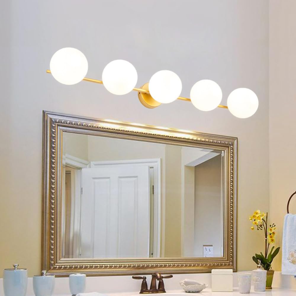 XINYASEE Applique murale d'intérieur Lampe murale de salle de bain en boule de verre blanc laiteux, lampe miroir adaptée à la salle de bain, au salon, à la chambre, etc. (5 têtes)
