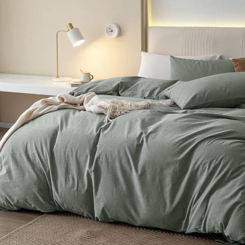 JIYUAN 100% Washed Cotton Duvet Cover Set 3 Pieces Super Queen, 1 Duvet Cover 90x98 Inches(Comforter Not Included) and 2 Pillowcases,Linen Feel Bedding Set Comfy and Breathable, Heathered Green