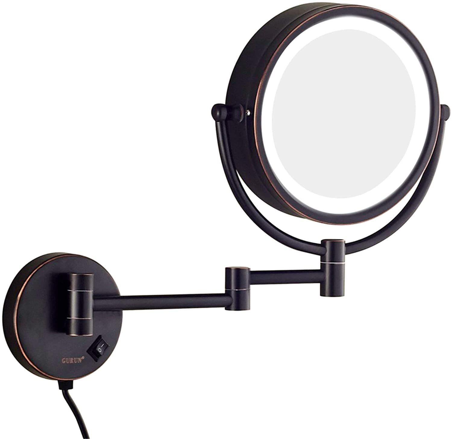 Specchio for Trucco ingranditore da Parete 1X＆3X/5X/7X/10X Illuminato a LED, specchietti da Trucco estensibili girevoli a Doppia Faccia in Ottone da 8 Pollici,Cromo,7X(Schwarz,3X)