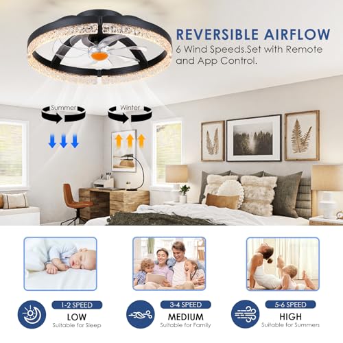 Image of Mpayel 20 inch Ceiling Fans with Lights and Remote, Modern Low Profile Fandelier Ceiling Fan with Light, Quiet DC Motor, 6 Speeds, 3CCT Dimmable Bladeless Flush Mount LED Fan Light for Bedroom