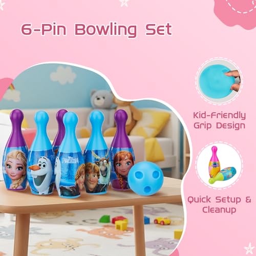 Image of Amazon Brand - Jam & Honey Frozen Bowling Toy Set for Kids 3+ Years, Indoor Outdoor Bowling Game with 6 Pins & Ball, Sports Toy for Boys & Girls, Disney Frozen Theme, BIS Certified Safe