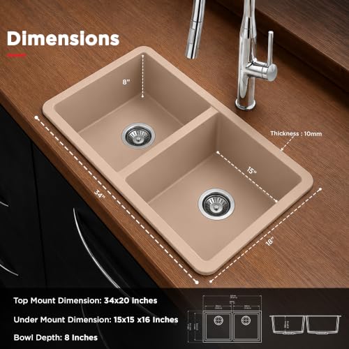 Image of Carysil DOLCE UK Quartz Kitchen Sink 34 x 20 x 8 inches, Single Bowl, 80% Quartz & 20% Resin, Heat Resistant 300C, 50kg Load, Scratch & Stain Resistant, Granite Sink, 304 SS Coupling - Cream