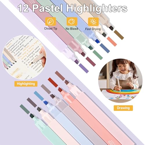 COZCLAM 32pcs Aesthetic Stationery Supplies with Purple Pen Case, 12 Pastel Highlighters, 6 Colour Pens, 5 Black Pens - Image 3