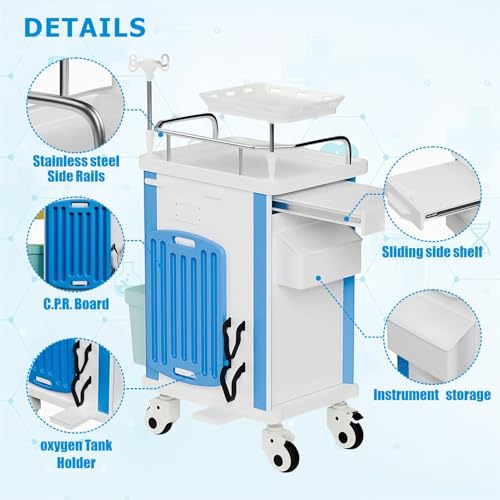 Notfall-Crashwagen mit Zubehör, IV-Stange, Herzbrett, O2-Halter, mobiler Wagen, Mülleimer, Schublade für Klinik, Pflegezentrum, 76,2 cm L x 48,3 cm B x 96,5 cm H (Blau)