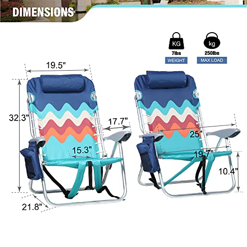 Green Party Backpack Beach Chair 2 Pack Aluminum Lightweight Folding Reclining Beach Chair With 4 Positions, Cooler Bag, Tower Bar And Armrest For Outdoor Camping Lawn, Support 250Lbs, Blue #TOP2