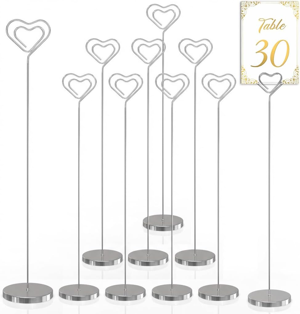 Table Number Holders 10Pcs - 13 inch Place Card Holder Metal Super Tall Table Number Stands for Wedding Party Graduation Reception Restaurant Home Photo Picture Office, Silver Heart