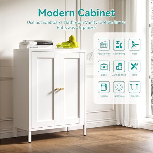 Image of Small Metal Storage Cabinet,23.6 Inch Wide 11.8 Inch Deep,Bathroom Cabinet with Adjustable Shelves,3-Tier 31.5 inch Tall Shaker Cabinet for Kitchen Entryway Living Room,White