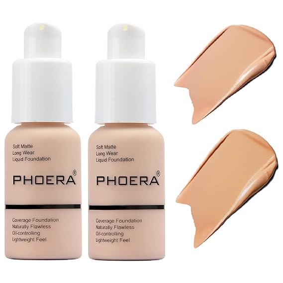 2 Pack PHOERA Foundation,Flawless Soft Matte Liquid Foundation 24 HR Oil Control Concealer Foundation Makeup,Full Coverage Foundation for Women and Girls (103 Warm Peach +104 Buff Beige)