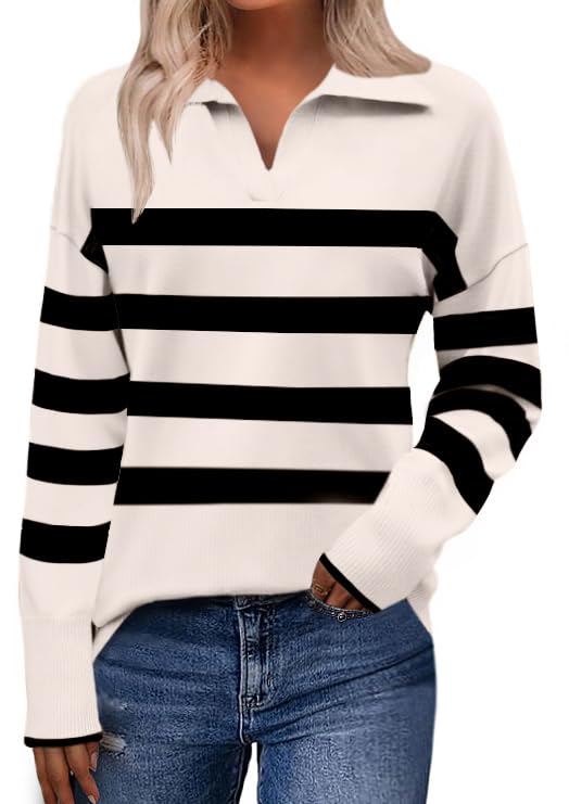 Image of Zeagoo Women's 2026 V Neck Striped Sweater Long Sleeve Oversized Fashion Knitted Pullover Fall Sweaters Tops