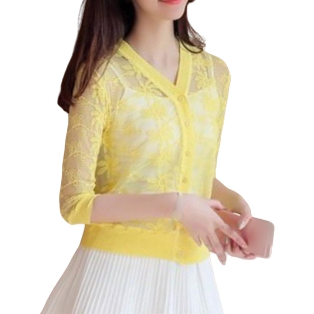 LIRUCardigan Short Sleeve,Women's Lace Bolero Shrug Short Cardigan Knitted  3/4 Sleeves Flower Blouse Shirt See-Through Tunic Open Front Cardigan Boho