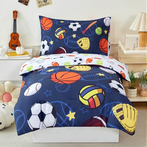 Image of PERFEMET Sports Toddler Bedding Set, 3D Soccer Baseball Football Basketball 4 Pieces Comforter Set with Sheets and Pillowcases, Ultra Soft Navy Blue Bed in A Bag Toddler Bed Set for Kids Boys Girls