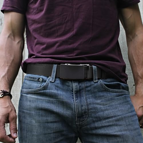 Image of Men's Ratchet Leather Belt Set - 2 Pack Sliding Belt Adjustable For Gift Mens Dress Casual 1 3 /8 inch,Cut for Fit