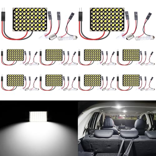 QAUBEN 10-Pack Cool White 2835 48SMD Led Panel Dome Light Auto Car Reading Map Light Bulb DC 12V with T10 / BA9S / Festoon Adapters