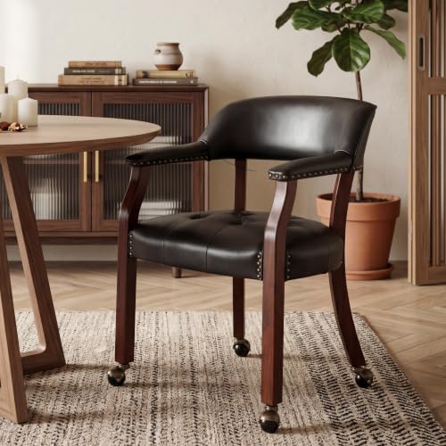LEEMTORIG Large Dining Chairs with Casters and Arms Rolling Dining Chairs with Wheels Accent Game Chairs Boss Captions Chairs 26 D x 25.2 W x 31.5 H Cherry Legs & Black SY-1533-BK