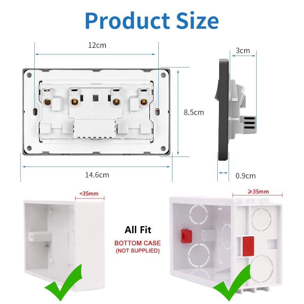EINNO Double Switched Wall Outlets with USB C and A, 13 Amp, Brushed Grey, Double Socket with USB - Image 4