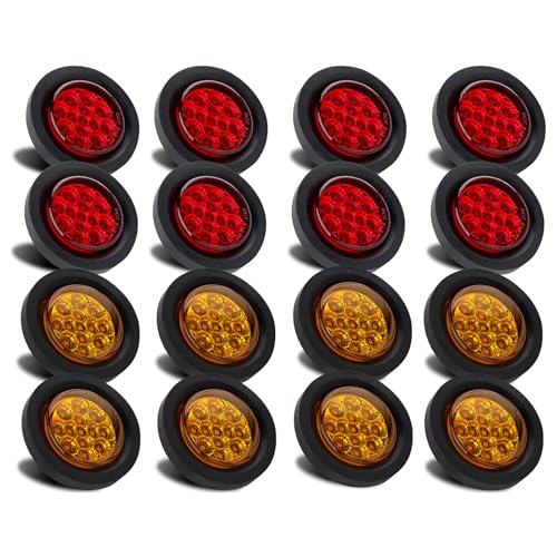 Partswcgg 2.5 Inch Round LED Marker Lights 13 LEDs Reflectors 8 Amber + 8 Red 2 1/2 in Round LED Trailer Markers Truck Side Clearance Lights Flush Grommets Mount w/2 Prong Wire Pigtails Waterproof