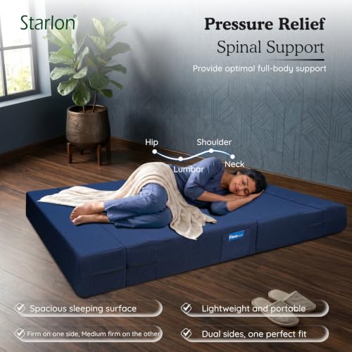 Image of Starlon 2 Seater Foldable Sofa Cum Bed 3-in-1 with 2 Geometrical Pattern Pillows, Washable Jute Fabric Cover, Space Saving Guest Bed, Pre-Assembled Royal Navy Blue 4x6 Ft
