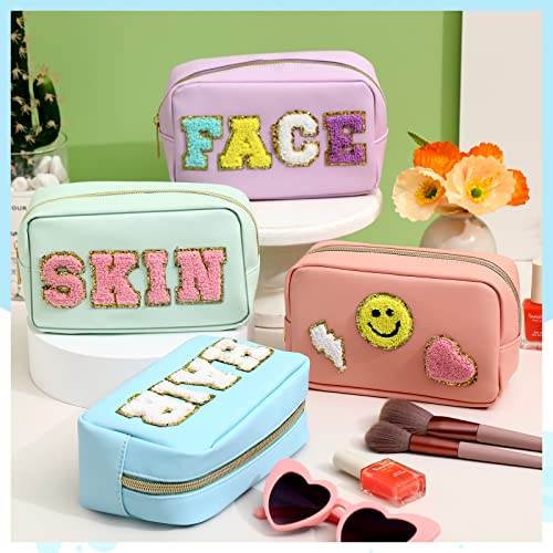 Sanwuta 4 Pcs Hair Face Skin Travel Bag Set Preppy Makeup Pouch PU Leather Skincare Bag Waterproof Cosmetic Organizer Birthday Christmas Gifts(Blue, Pink, Green, Purple,Fresh Style)2
