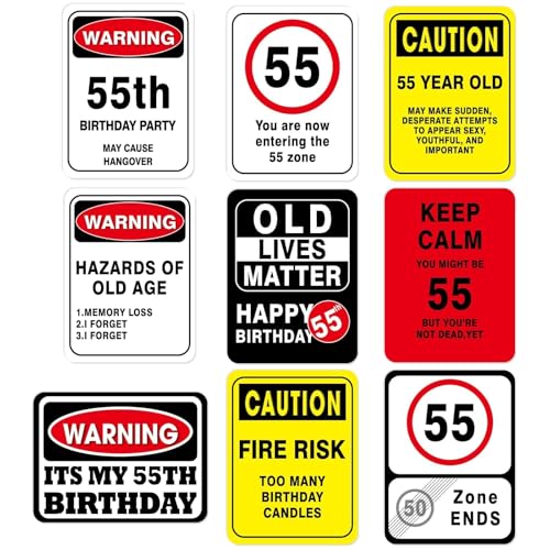 WERNNSAI 55th Birthday Party Decorations - 9PCS Wall Signs Funny Tags for Adults 55 Years Old Party Decor 55 Zone Table Centerpieces Yellow Caution Logos on Door Yard Garden Banner Tea Party Supplies