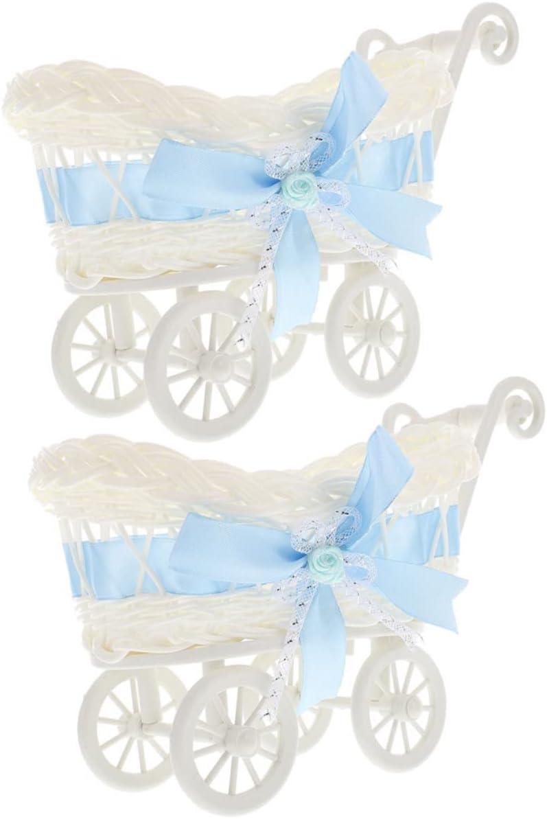 2 Pcs Imitation Rattan Candy Cart Basket Baby Shower Decorations Baby Carriage Centerpiece for Shower Party Favors Basket for Candy Snacks Small 9.44 X 6.69 X 5.51 in