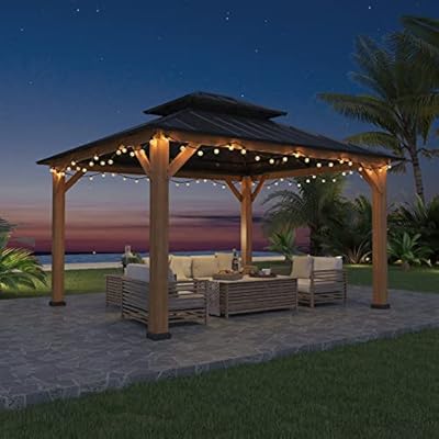 EAGLE PEAK 11x13 Hardtop Wood Gazebo, Outdoor Cedar Wood Frame Pavilion with Galvanized Steel Double Roof, for Garden, Patio, Backyard, Garden, Natural Wood/Black
