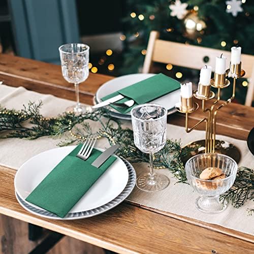 MORGIANA Disposble Green Paper Napkins Built-in Flatware Pocket,Linen Feel Green Napkins, Prefolded Cloth Like Guest Towels for Bathroom, Christmas, Wedding, Parties,Restaurant