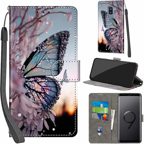Handyhülle für Samsung Galaxy S9 Plus Hüllen Premium Leder Case Klappbar Wallet Magnet Kartenfach Standfunktion Schutzhülle kompatibel mit Samsung S9 Plus Cover Schmetterling