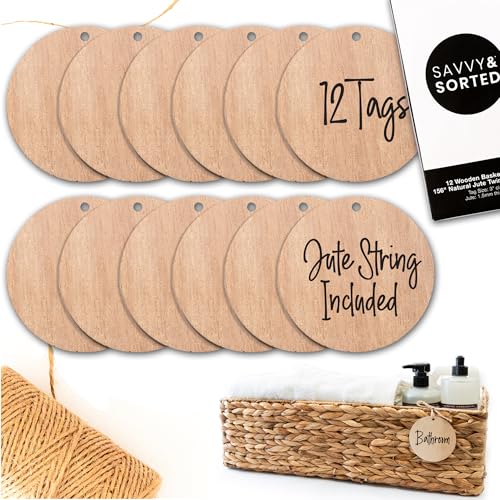 SAVVY & SORTED 12 Round Wooden Ornament Basket Tags for Storage Bin, 3” Wood Bin Labels with Jute String - Hanging Basket Labels for Pantry, Closet Organization, Blank Personalized Craft Tags