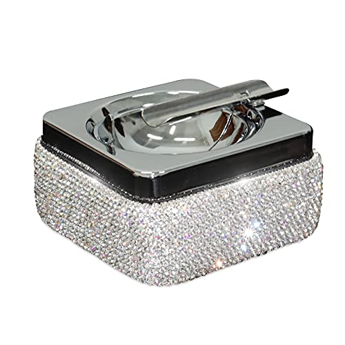 Ashtray,Stainless Steel Ashtray With Lid Bling Crystal Diamonds,Cigarette Ashtray For Indoor Or Outdoor Use,Ash Holder For Smokers,Desktop Smoking Ash Tray For Home Office Decoration,Square - Silver #TOP1