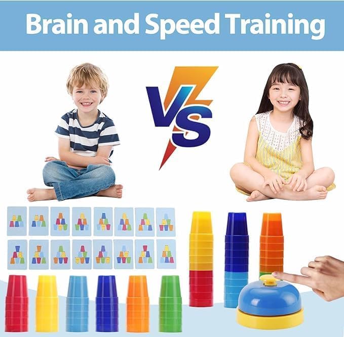 Image of Fast Stacking Cups Game for Kids with Color Pattern Cards & Bell Montessori Speed Cup Challenge Toy | Hand-Eye Coordination, Color Sorting & Motor Skills Set (Fast Stacking Cups Game)