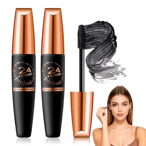 2Pcs Waterproof Silk Fibre Thick Lengthening Mascara, 4D Waterproof Silk Fibre Thick Lengthening Mascara, Long Lasting Smudge-Proof Curling Eyelashes Mascaras Black with Length Natural, All Day Full