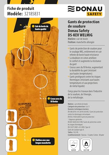 DONAU SAFETY Schweißerhandschuh aus Rindsleder für MIG-Schweißen/Größe 10 XL, 1 Paar/Hochwertige Produkte/Arbeitshandschuhe Leder/Lederhandschuhe Schutzhandschuhe/Farbe: Golden