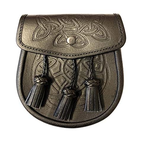 Black Leather Double Embossed 3 tassels Kilt Sporran w/Chain and Belt Cover