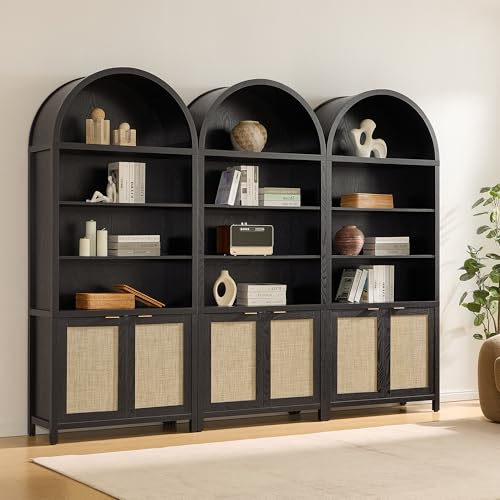 Image of SICOTAS 84.2 inch Tall Arched Bookcase with Doors - 5 Tier Rattan Bookshelf
