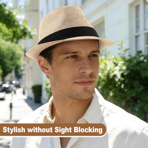 Image of Straw Fedora Hats for Men Women, 1920s Short Brim Trilby Panama Hat Summer Beach Sun Cap