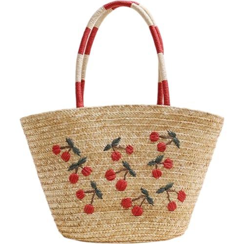 Women's Straw Shoulder Bag Large Rattan Woven Cherry Embroidered Summer Travel Beach Handbag Handmade Handle Purse