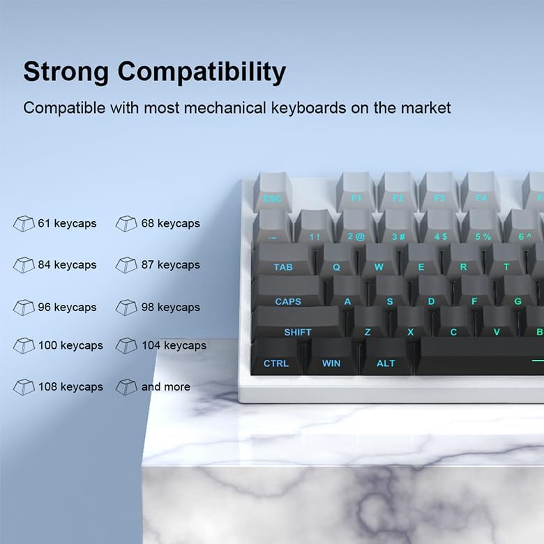 PBT Keycaps -Side Print Key Cap Set, Double Shot Shine Through Custom Key caps, Cherry Profile 133 Keys for Mechanical Keyboards Gradient Gray
