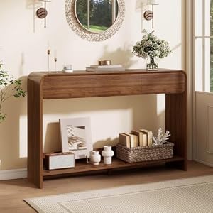 Nasonet Mid Century Modern Console Table, Entryway Table with 3 Storage Drawers, Wood Sofa Table Behind The Console Table for Entryway, Hallway, Living Room, Walnut